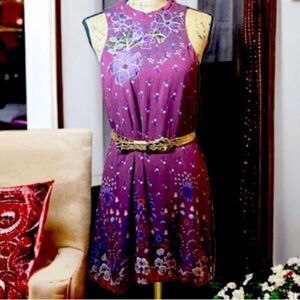 Chasing Heaven Custom Purple and Gold Floral Dress with Vintage Gold Belt